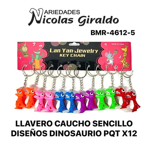 [BMR-4612-5] Llavero caucho sencillo diseños dinosaurio  pqt X12  