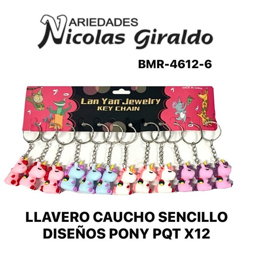[BMR-4612-6] Llavero caucho sencillo diseños pony  pqt X12   