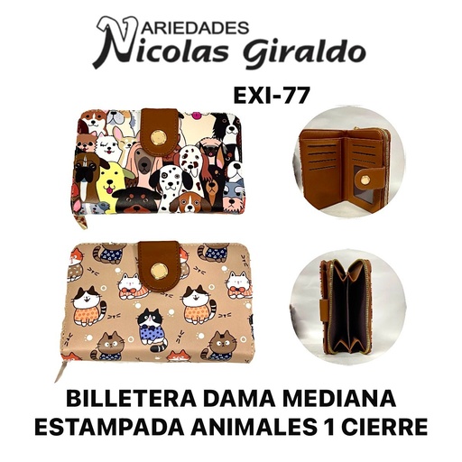 [EXI-77] Billetera dama mediana estampada animales 1 cierre y broche 