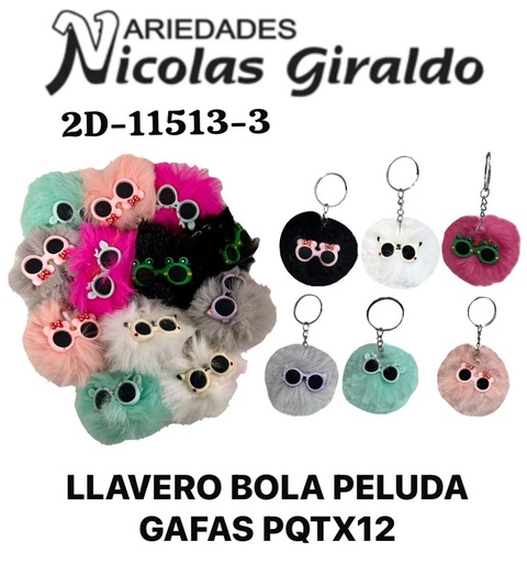 [2D-11513-3] Llavero bola peluda gafas pqt X12 