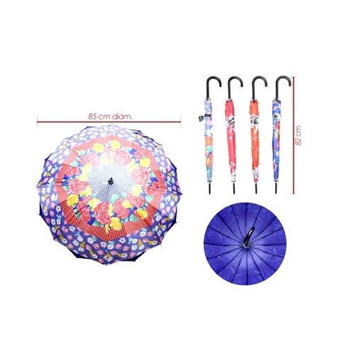[HQ156] Sombrilla larga baston fina estampada doble tela 