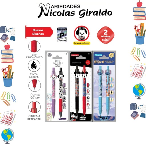 [P4440] Lapicero primavera retractil borrable disney x2 