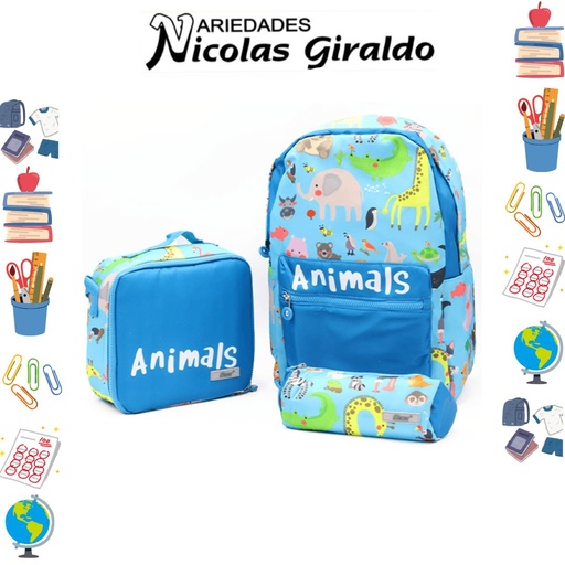 [ET1145] Set bolso lonchera y cartuchera estampado azul de animales 
