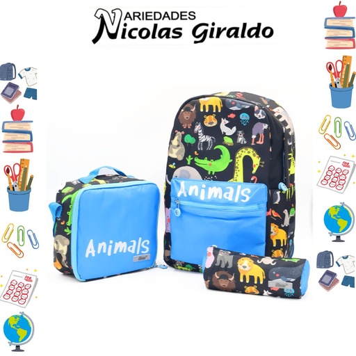 [ET1144] Set bolso lonchera y cartuchera estampado negro de animales  
