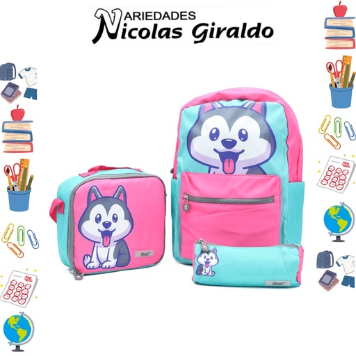 [ET1141] Set bolso lonchera y cartuchera estampado fucsia de lobo   