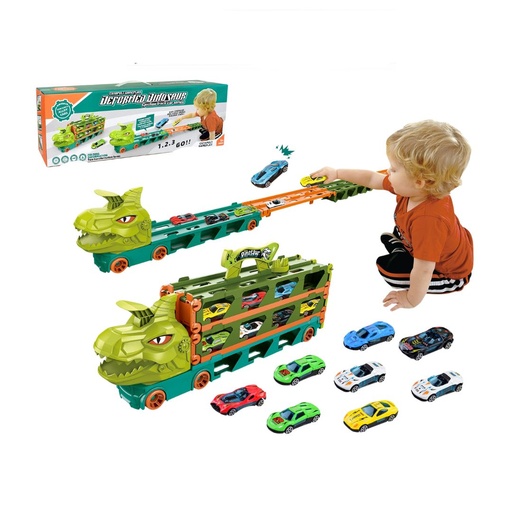 [JP588-5] Carro niñera dinosaurio grande con pista y carros metal 