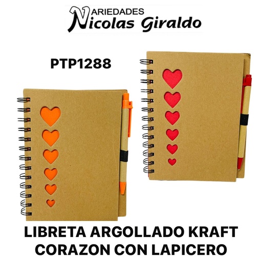 [PTP1288] Libreta argollado kraft corazones con lapicero 