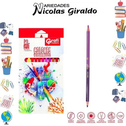 [GR225] Color doble punta redondo x12 piezas graficolors