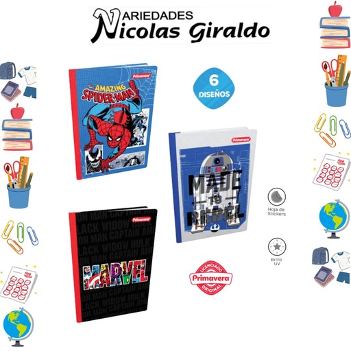 [P3869] Cuaderno cosido primavera pasta dura 100H cuadro marvel