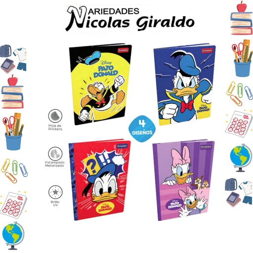 [P3788] Cuaderno cosido primavera pasta dura 100H raya donald