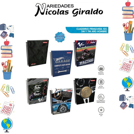 [P1519] Cuaderno primavera 5 materias argollado grande hombre