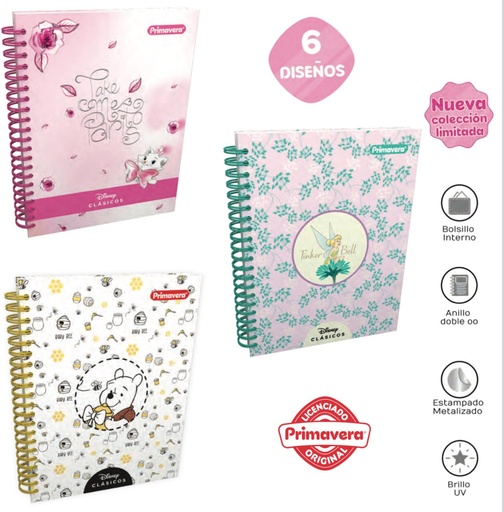 [P3858] Cuaderno primavera 5materias argollado grande disney clasicos