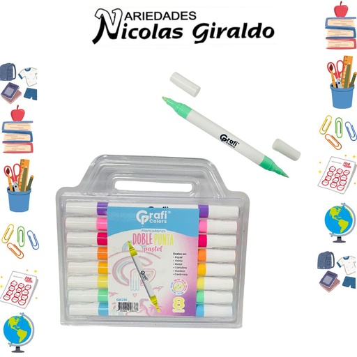 [GR210] Marcador vinilo doble punta pastel x8 graficolors