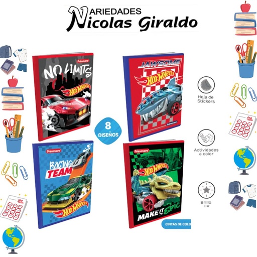 [P3158] Cuaderno cosido prim. 100 H Hotwheel  rayas